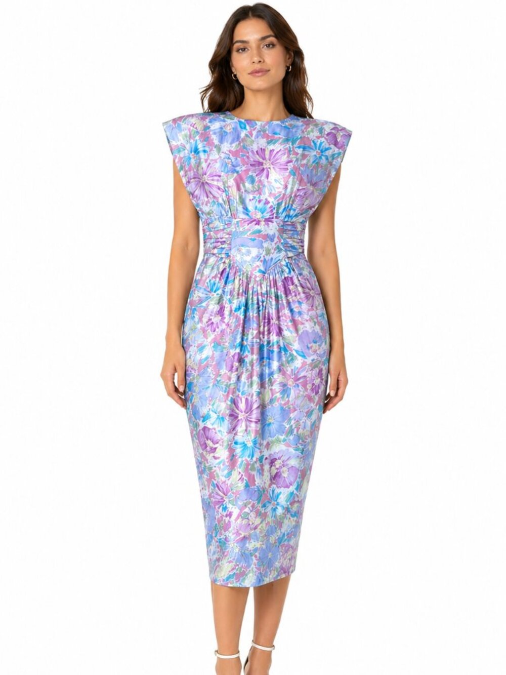 Vintage Pastel Floral Midi Dress Size 4 80s Structured Waist Pockets USA Made
